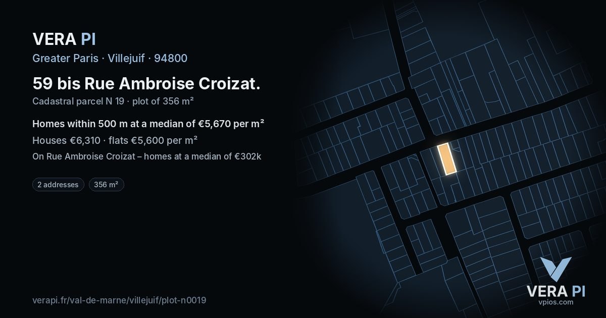 59 bis Rue Ambroise Croizat, Villejuif at night – the plot lit, the parcels around coloured by the prices near them