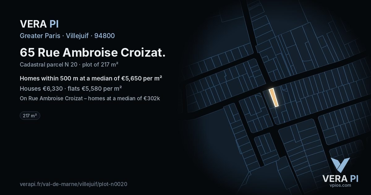 65 Rue Ambroise Croizat, Villejuif at night – the plot lit, the parcels around coloured by the prices near them