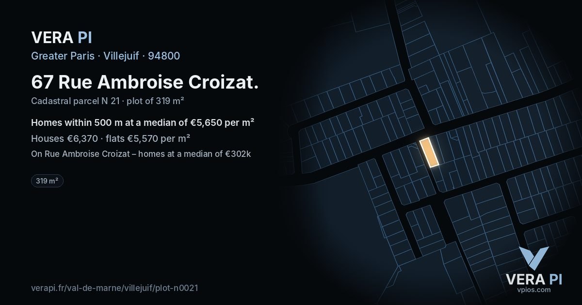 67 Rue Ambroise Croizat, Villejuif at night – the plot lit, the parcels around coloured by the prices near them