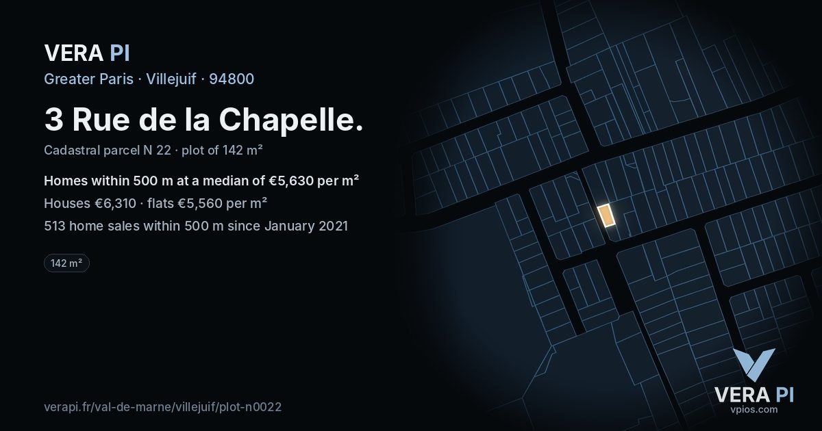 3 Rue de la Chapelle, Villejuif at night – the plot lit, the parcels around coloured by the prices near them