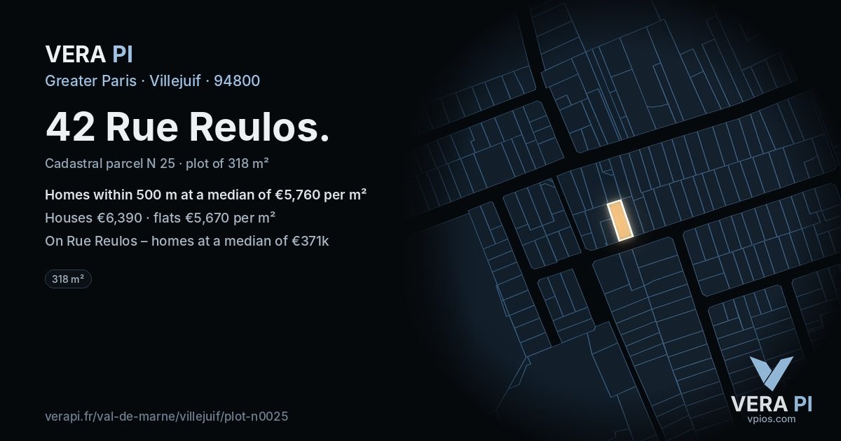 42 Rue Reulos, Villejuif at night – the plot lit, the parcels around coloured by the prices near them
