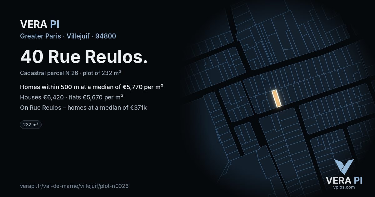 40 Rue Reulos, Villejuif at night – the plot lit, the parcels around coloured by the prices near them