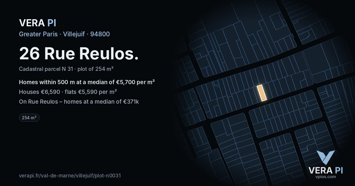 26 Rue Reulos, Villejuif at night – the plot lit, the parcels around coloured by the prices near them