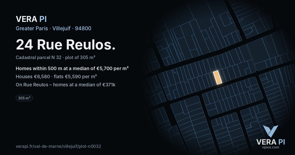 24 Rue Reulos, Villejuif at night – the plot lit, the parcels around coloured by the prices near them