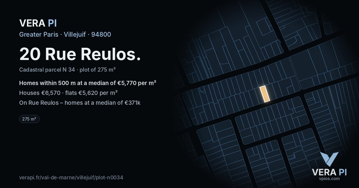 20 Rue Reulos, Villejuif at night – the plot lit, the parcels around coloured by the prices near them