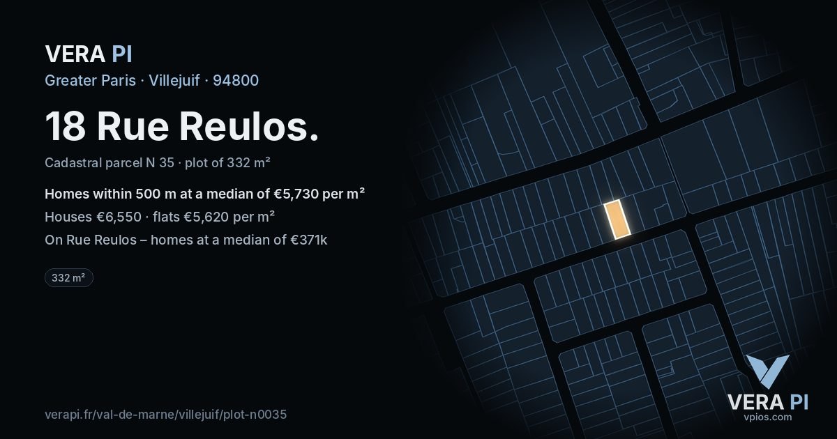 18 Rue Reulos, Villejuif at night – the plot lit, the parcels around coloured by the prices near them