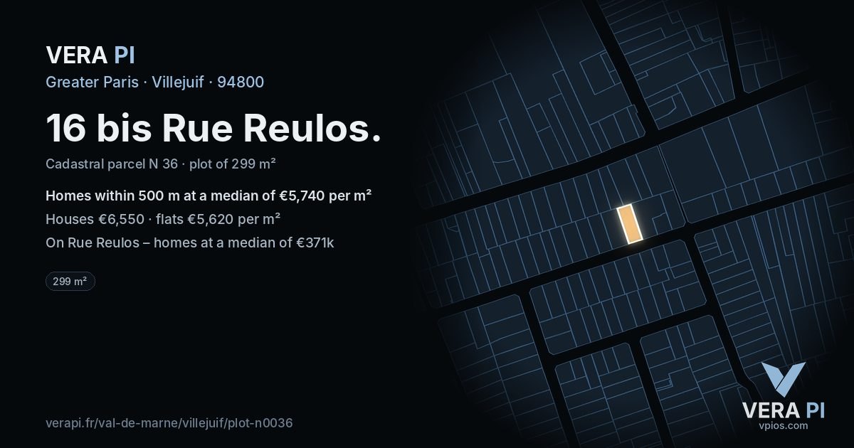 16 bis Rue Reulos, Villejuif at night – the plot lit, the parcels around coloured by the prices near them