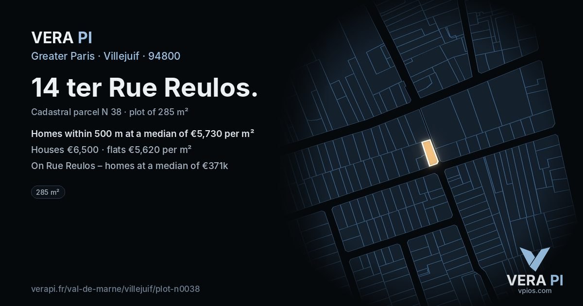 14 ter Rue Reulos, Villejuif at night – the plot lit, the parcels around coloured by the prices near them