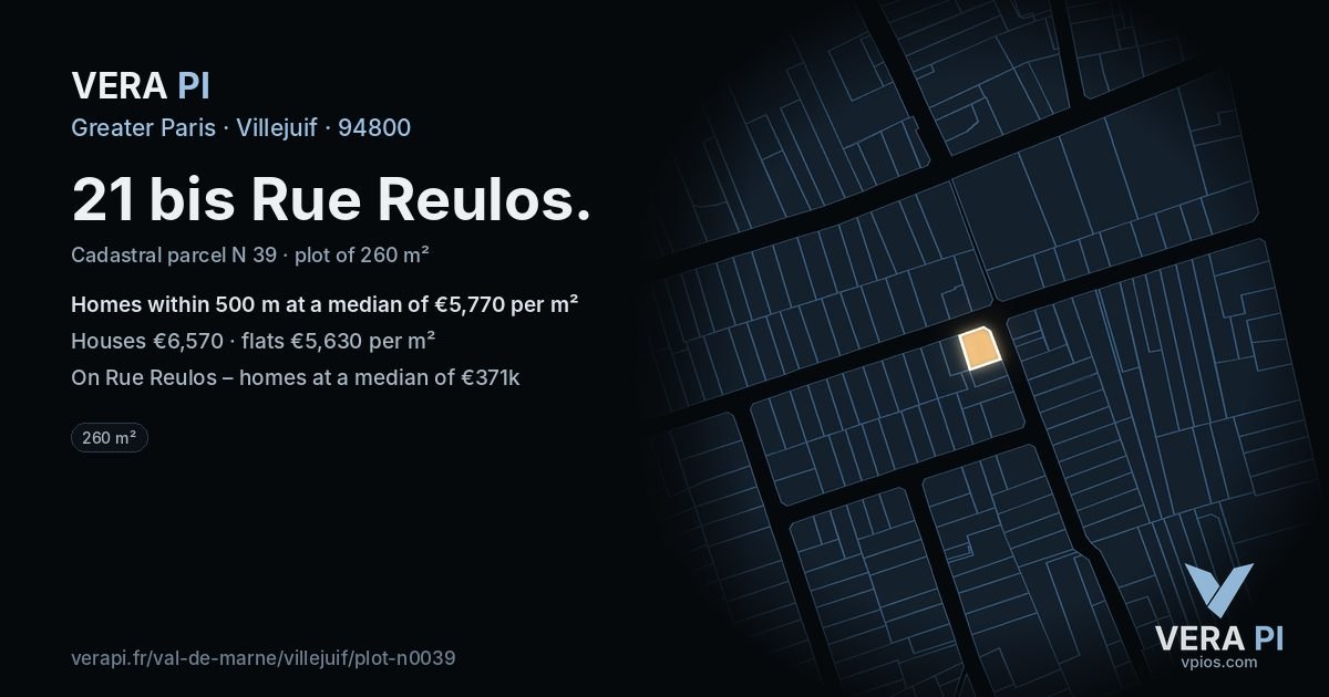 21 bis Rue Reulos, Villejuif at night – the plot lit, the parcels around coloured by the prices near them