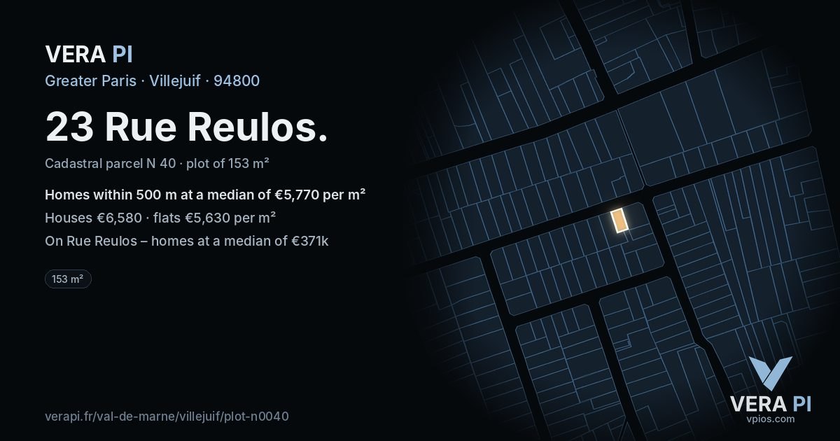 23 Rue Reulos, Villejuif at night – the plot lit, the parcels around coloured by the prices near them
