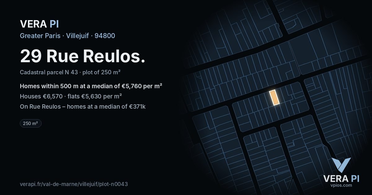 29 Rue Reulos, Villejuif at night – the plot lit, the parcels around coloured by the prices near them