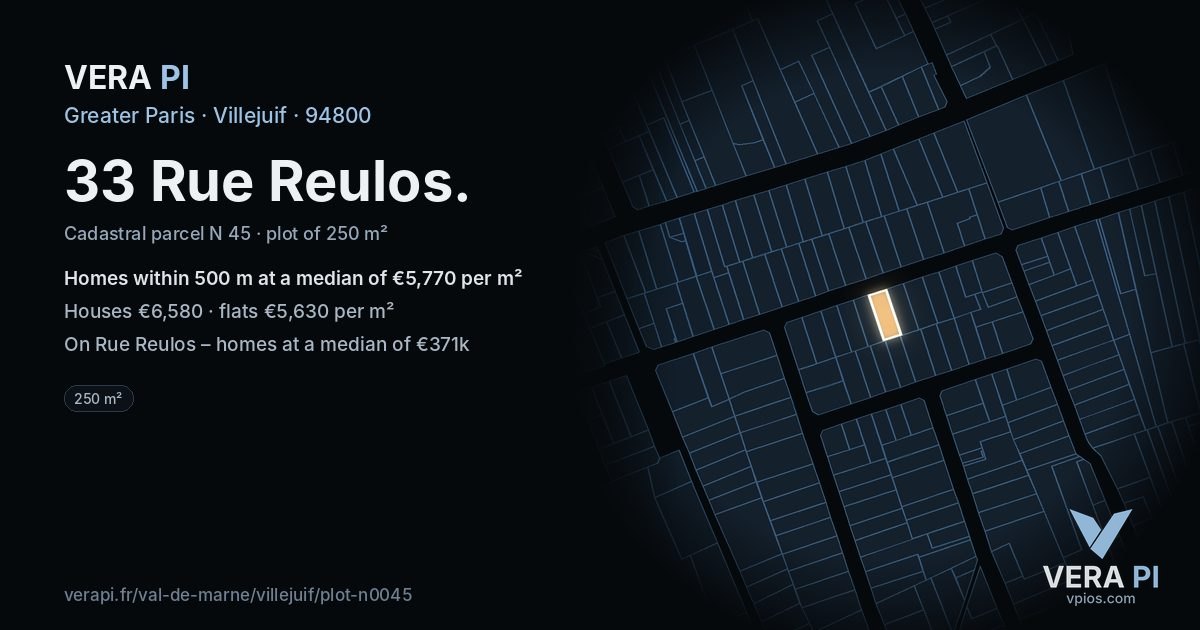 33 Rue Reulos, Villejuif at night – the plot lit, the parcels around coloured by the prices near them