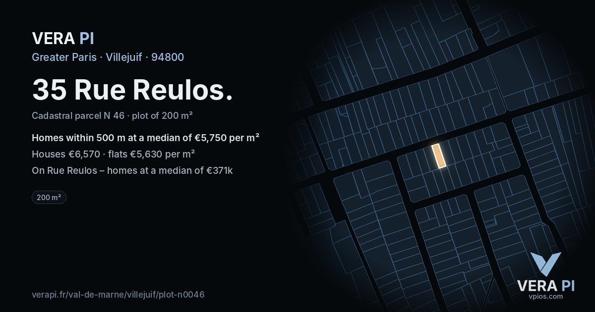 35 Rue Reulos, Villejuif at night – the plot lit, the parcels around coloured by the prices near them