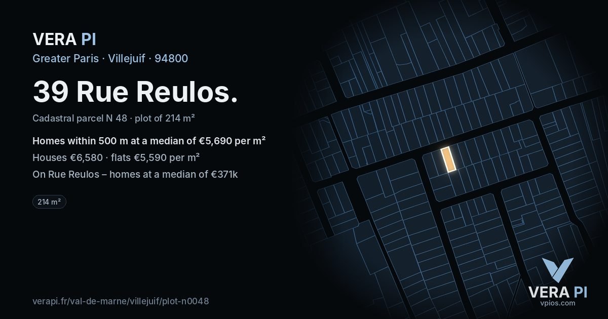 39 Rue Reulos, Villejuif at night – the plot lit, the parcels around coloured by the prices near them