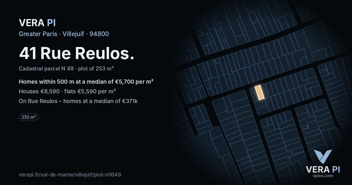 41 Rue Reulos, Villejuif at night – the plot lit, the parcels around coloured by the prices near them