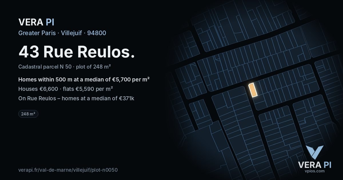 43 Rue Reulos, Villejuif at night – the plot lit, the parcels around coloured by the prices near them