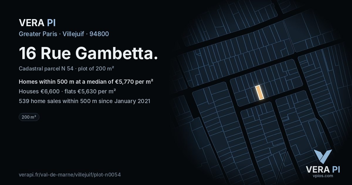 16 Rue Gambetta, Villejuif at night – the plot lit, the parcels around coloured by the prices near them