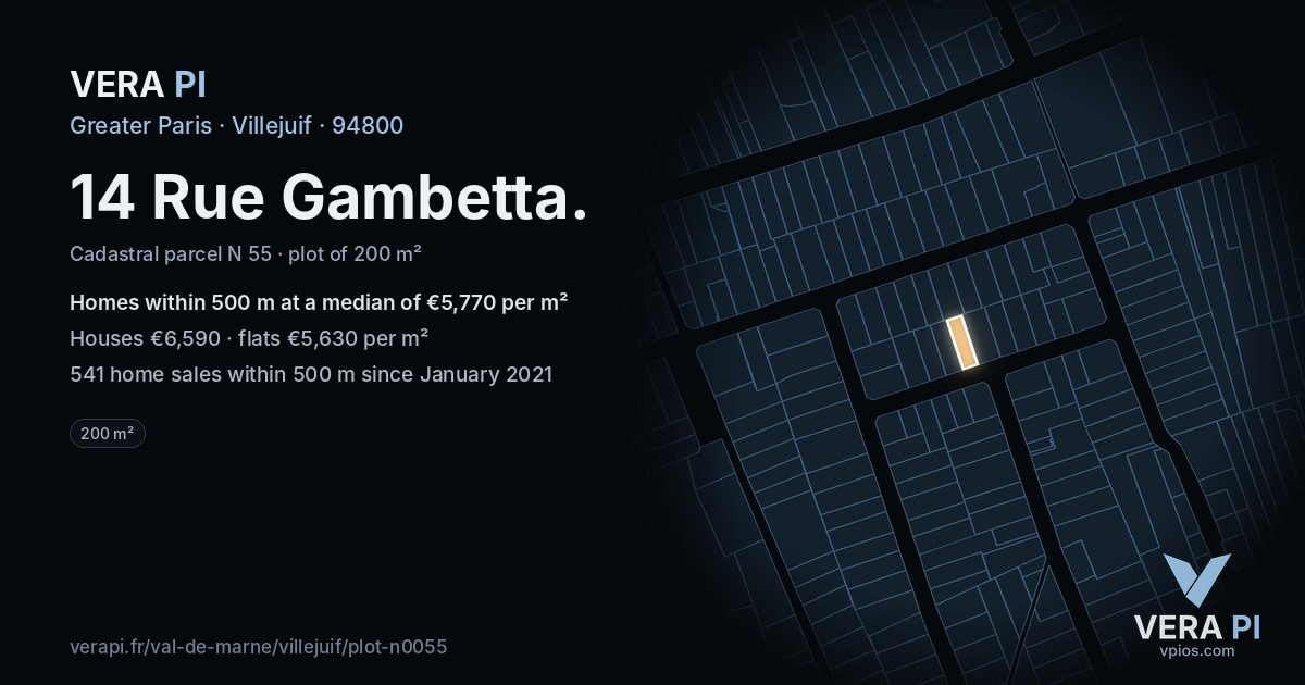 14 Rue Gambetta, Villejuif at night – the plot lit, the parcels around coloured by the prices near them