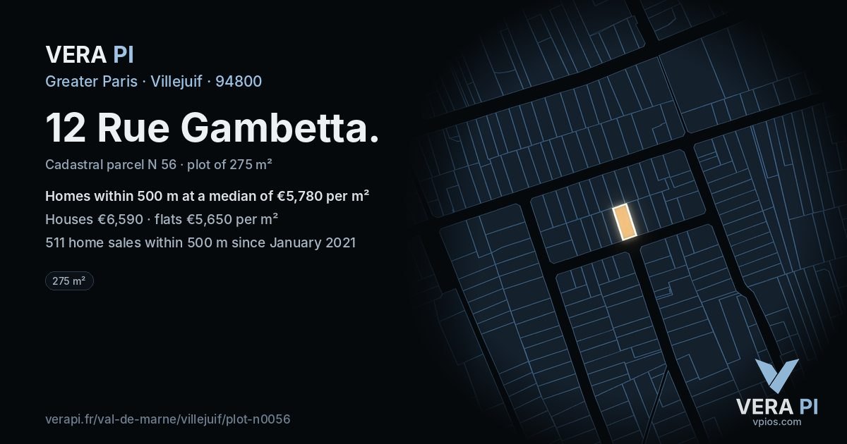 12 Rue Gambetta, Villejuif at night – the plot lit, the parcels around coloured by the prices near them