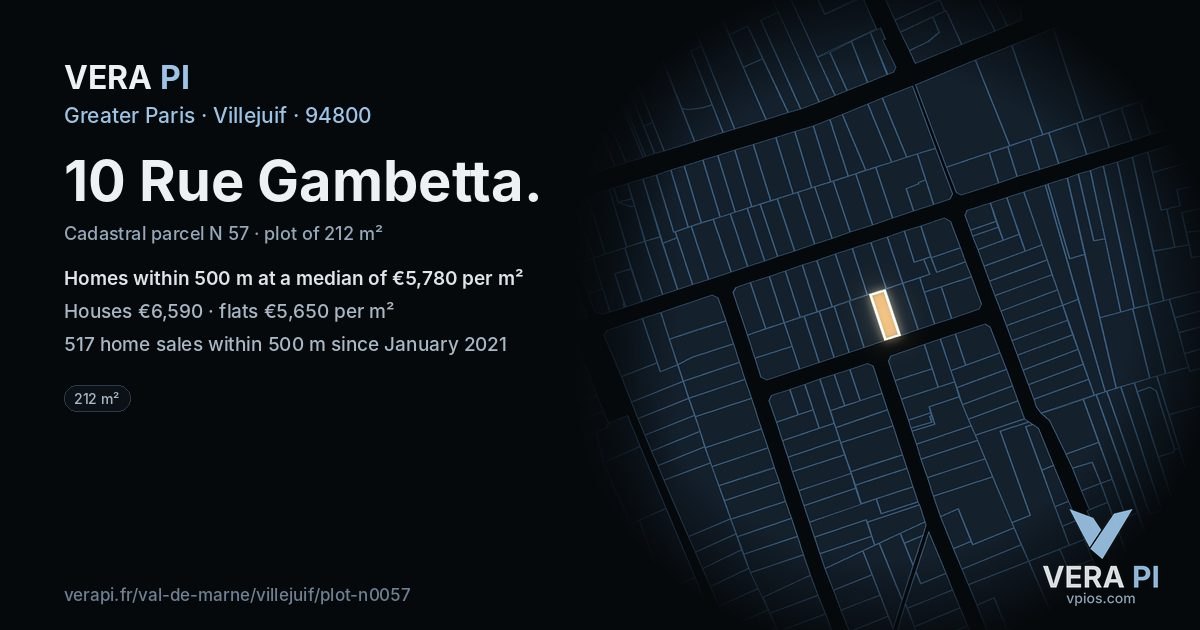 10 Rue Gambetta, Villejuif at night – the plot lit, the parcels around coloured by the prices near them