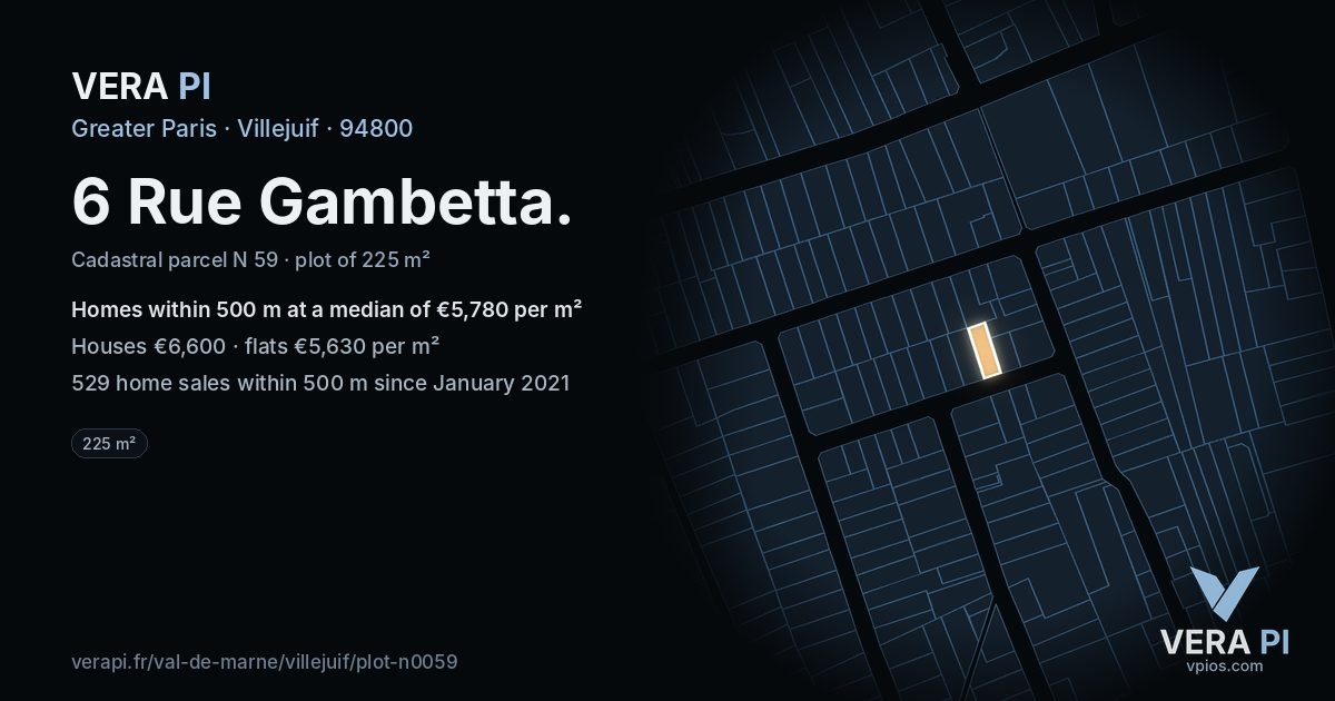 6 Rue Gambetta, Villejuif at night – the plot lit, the parcels around coloured by the prices near them