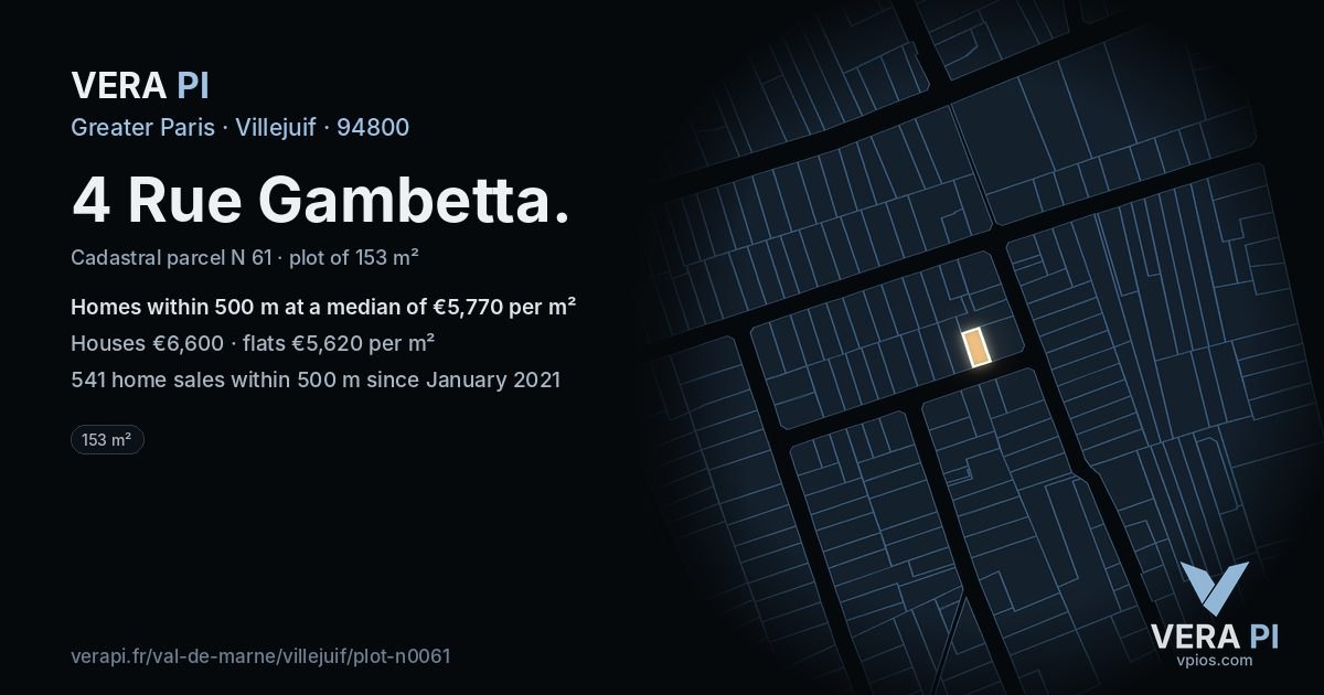 4 Rue Gambetta, Villejuif at night – the plot lit, the parcels around coloured by the prices near them