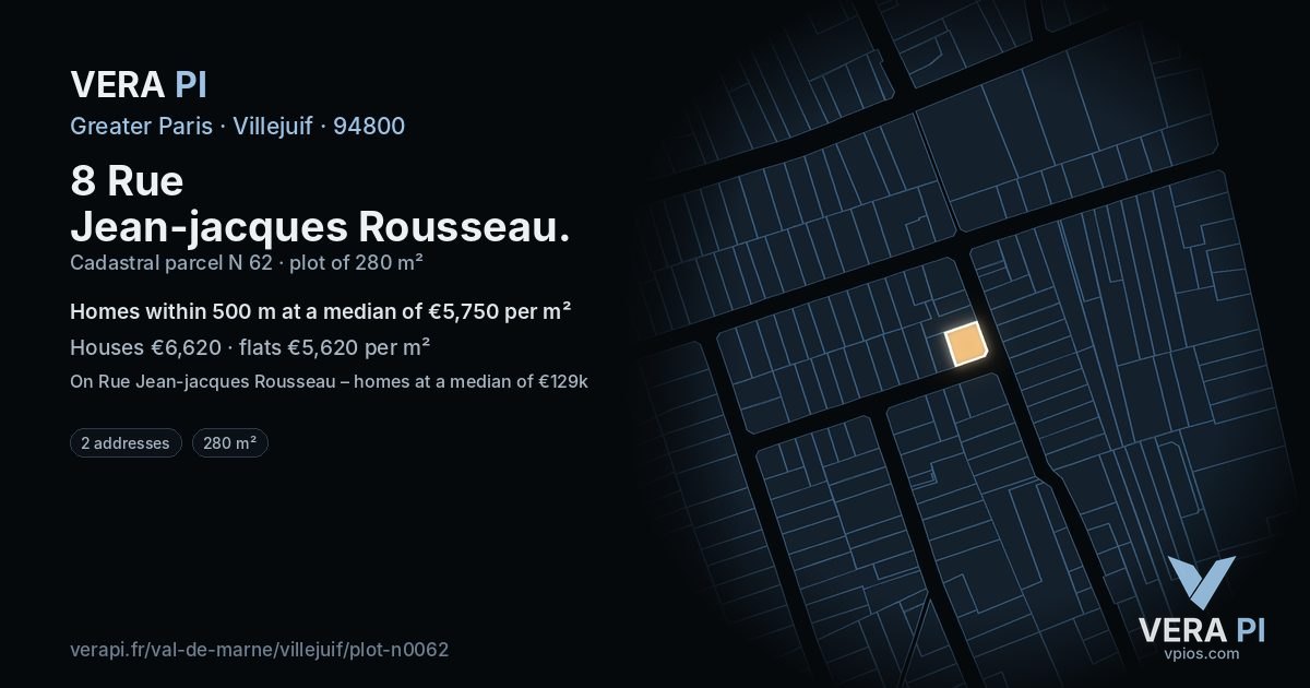 8 Rue Jean-jacques Rousseau, Villejuif at night – the plot lit, the parcels around coloured by the prices near them