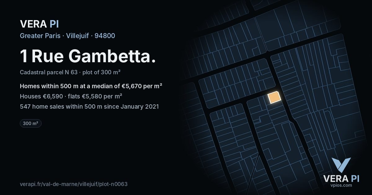 1 Rue Gambetta, Villejuif at night – the plot lit, the parcels around coloured by the prices near them