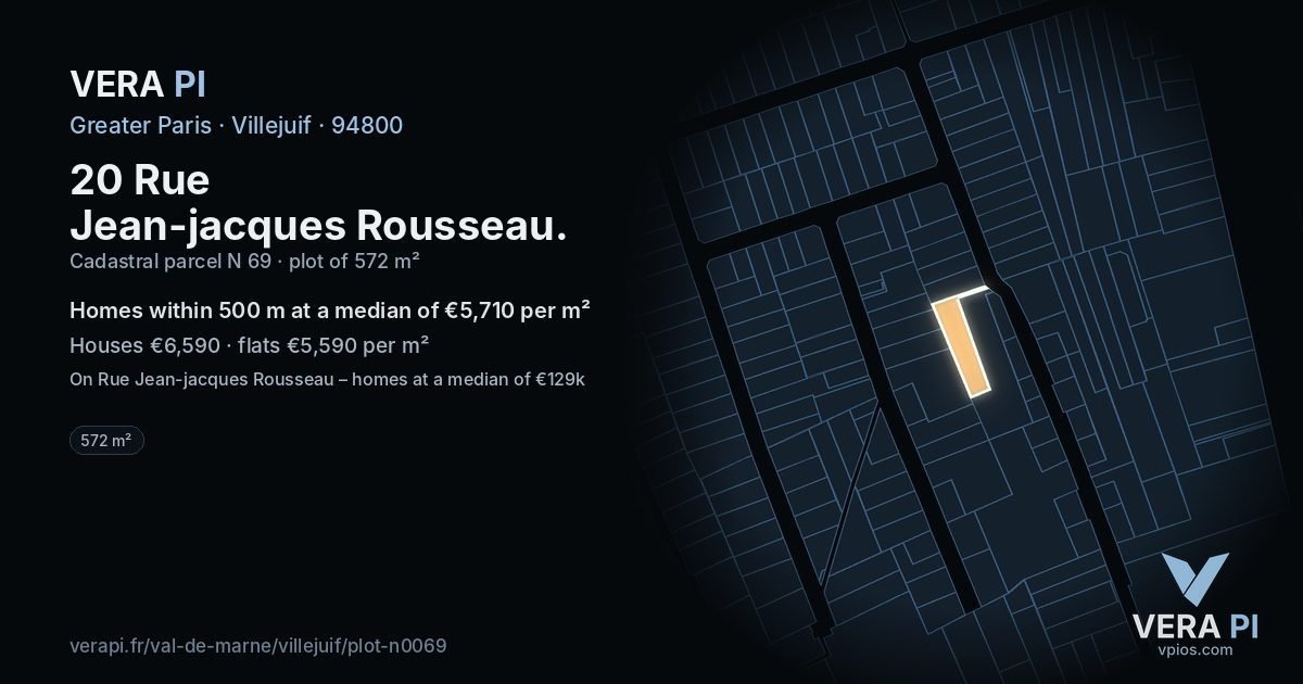 20 Rue Jean-jacques Rousseau, Villejuif at night – the plot lit, the parcels around coloured by the prices near them