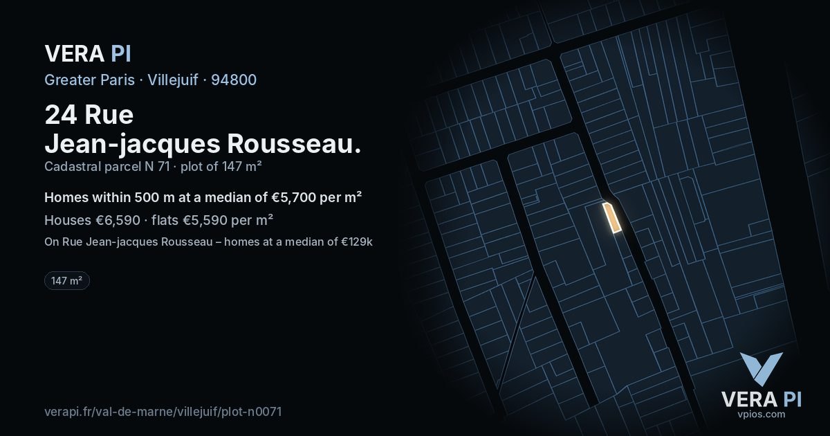 24 Rue Jean-jacques Rousseau, Villejuif at night – the plot lit, the parcels around coloured by the prices near them
