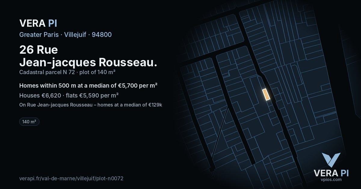 26 Rue Jean-jacques Rousseau, Villejuif at night – the plot lit, the parcels around coloured by the prices near them