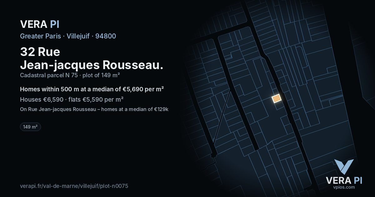 32 Rue Jean-jacques Rousseau, Villejuif at night – the plot lit, the parcels around coloured by the prices near them