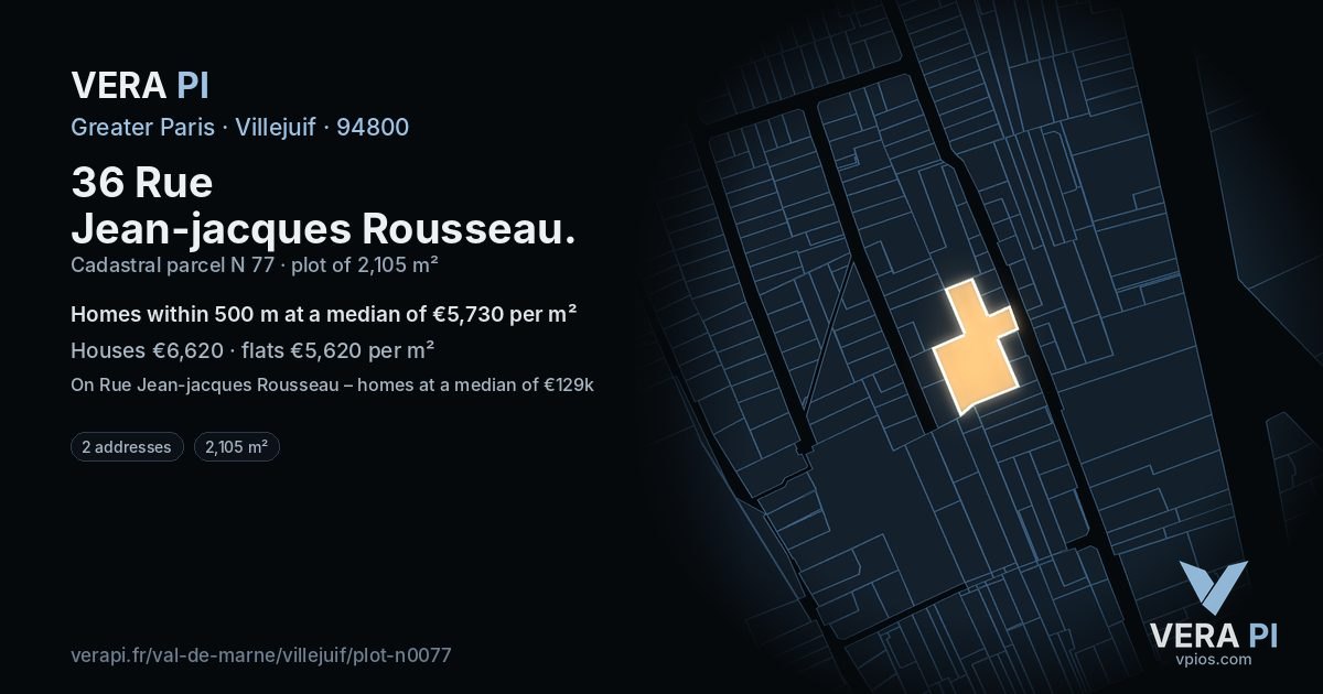 36 Rue Jean-jacques Rousseau, Villejuif at night – the plot lit, the parcels around coloured by the prices near them