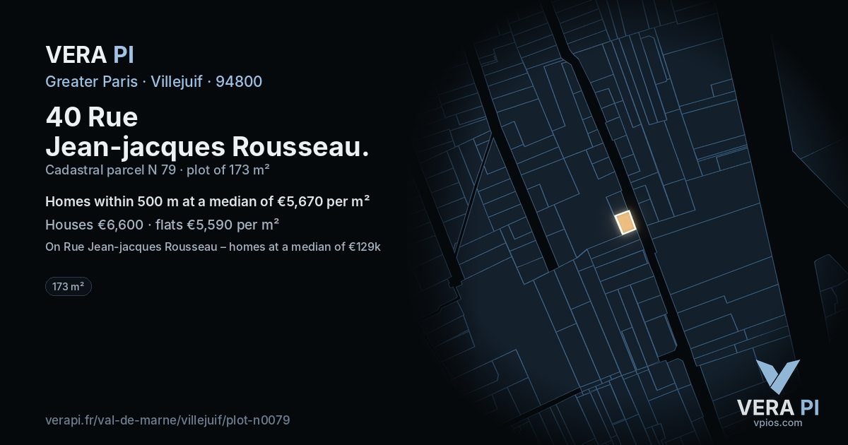 40 Rue Jean-jacques Rousseau, Villejuif at night – the plot lit, the parcels around coloured by the prices near them