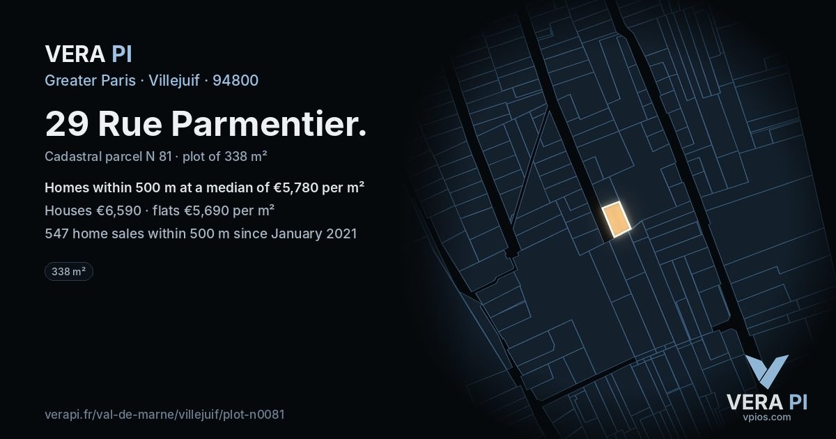 29 Rue Parmentier, Villejuif at night – the plot lit, the parcels around coloured by the prices near them