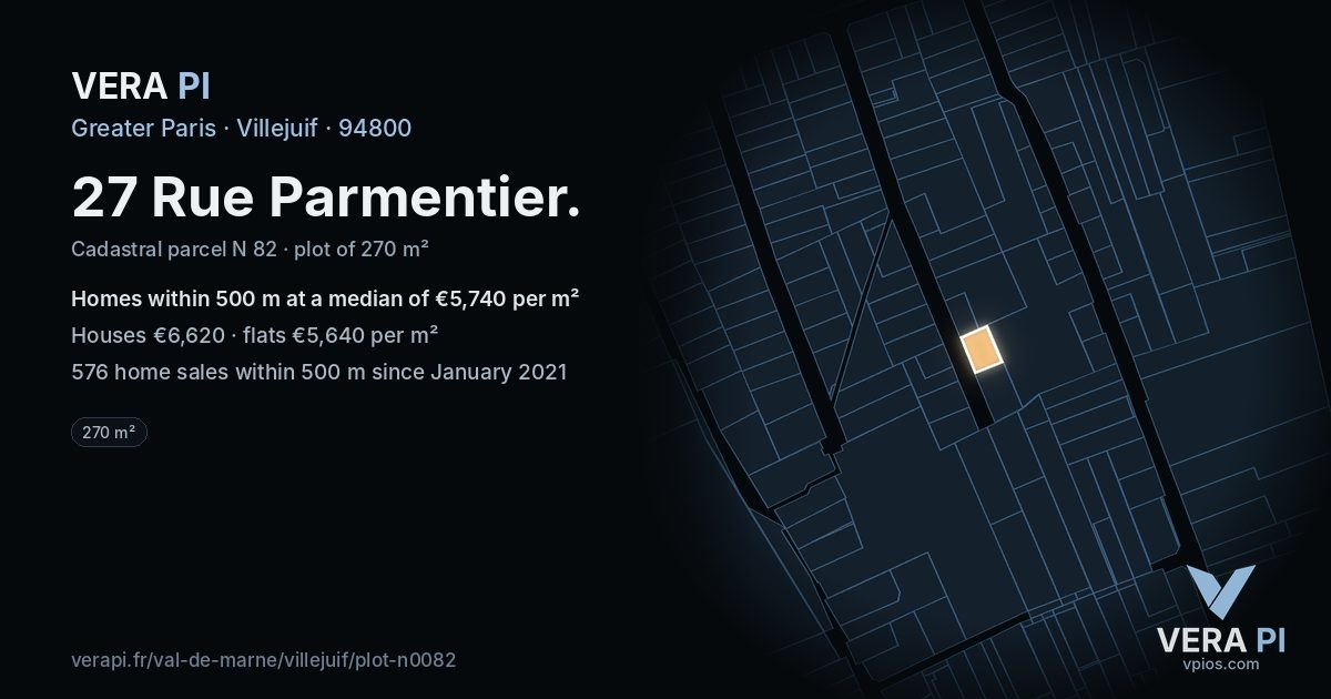 27 Rue Parmentier, Villejuif at night – the plot lit, the parcels around coloured by the prices near them