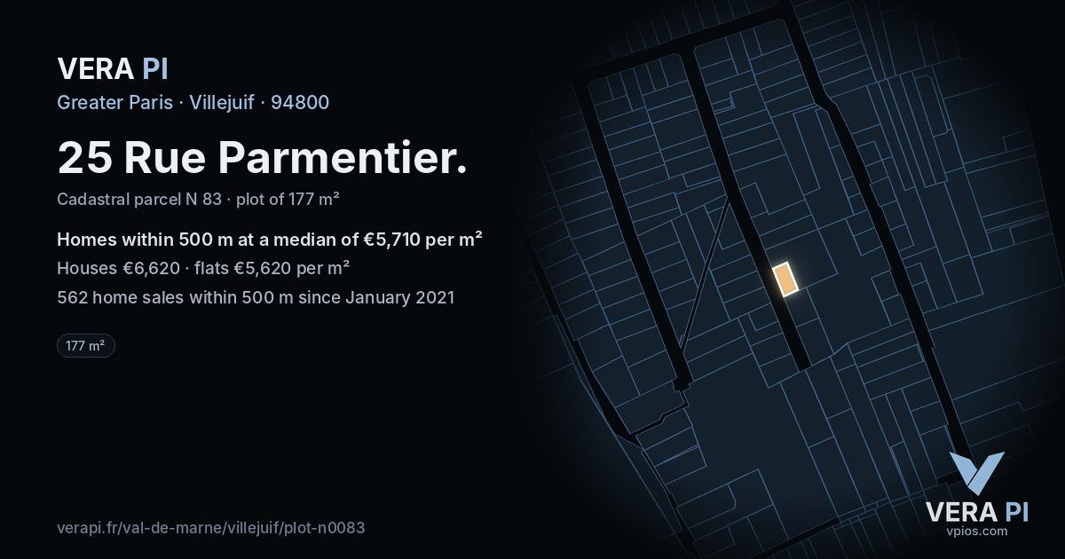 25 Rue Parmentier, Villejuif at night – the plot lit, the parcels around coloured by the prices near them