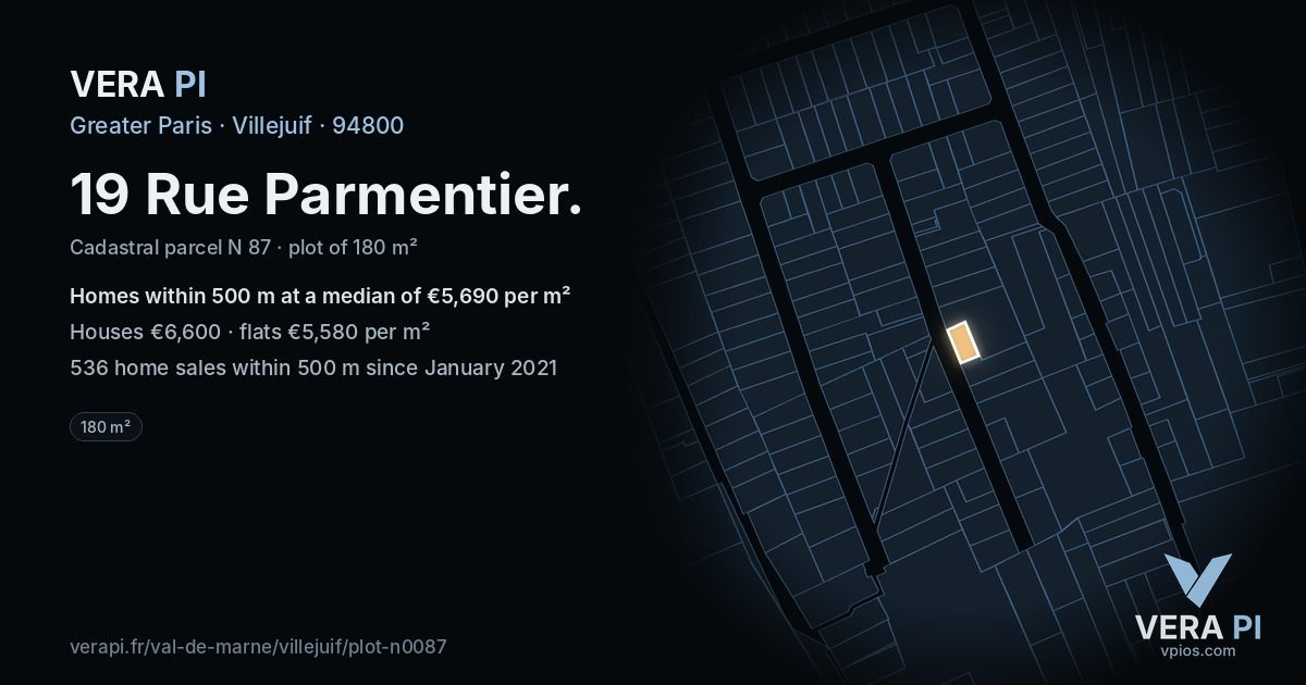 19 Rue Parmentier, Villejuif at night – the plot lit, the parcels around coloured by the prices near them