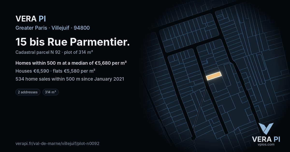 15 bis Rue Parmentier, Villejuif at night – the plot lit, the parcels around coloured by the prices near them