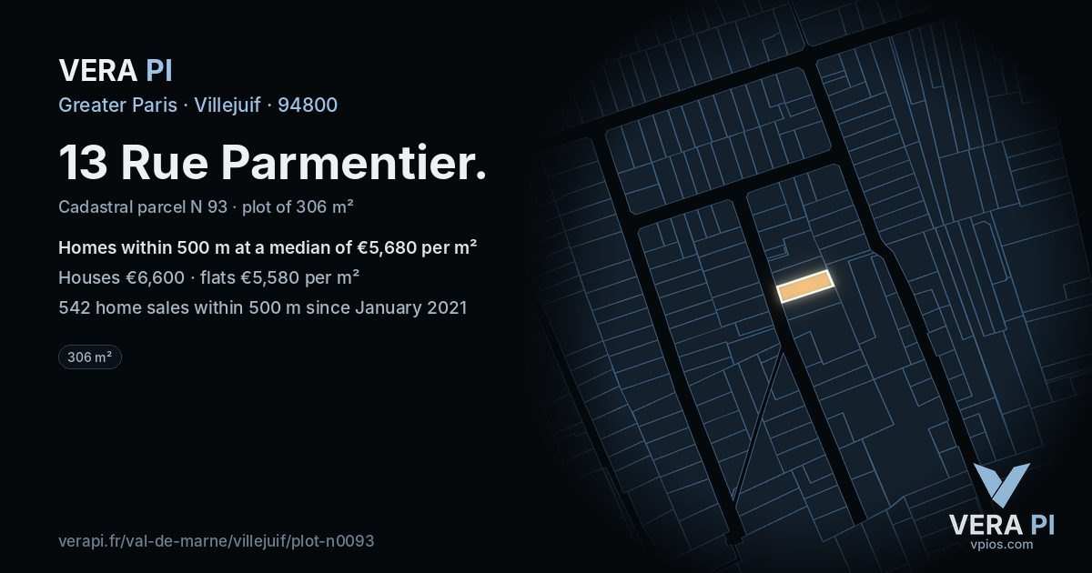 13 Rue Parmentier, Villejuif at night – the plot lit, the parcels around coloured by the prices near them