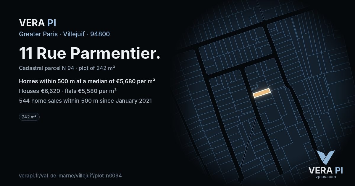 11 Rue Parmentier, Villejuif at night – the plot lit, the parcels around coloured by the prices near them