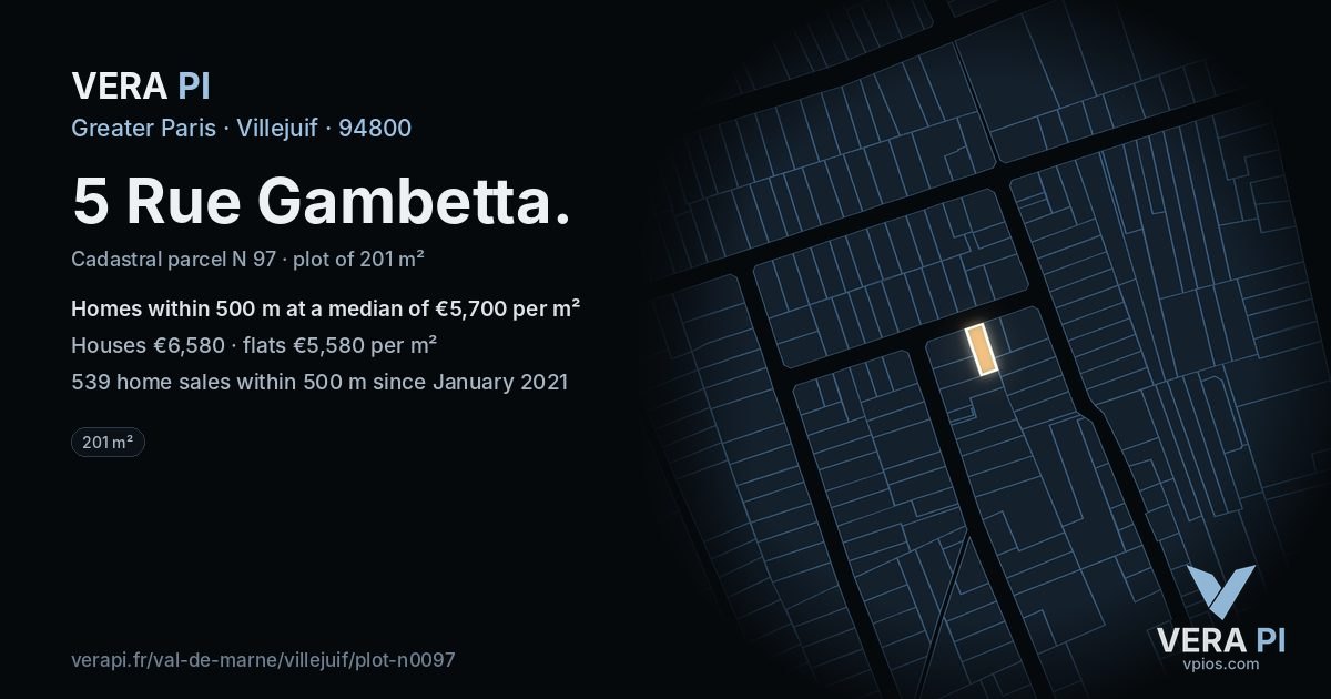 5 Rue Gambetta, Villejuif at night – the plot lit, the parcels around coloured by the prices near them