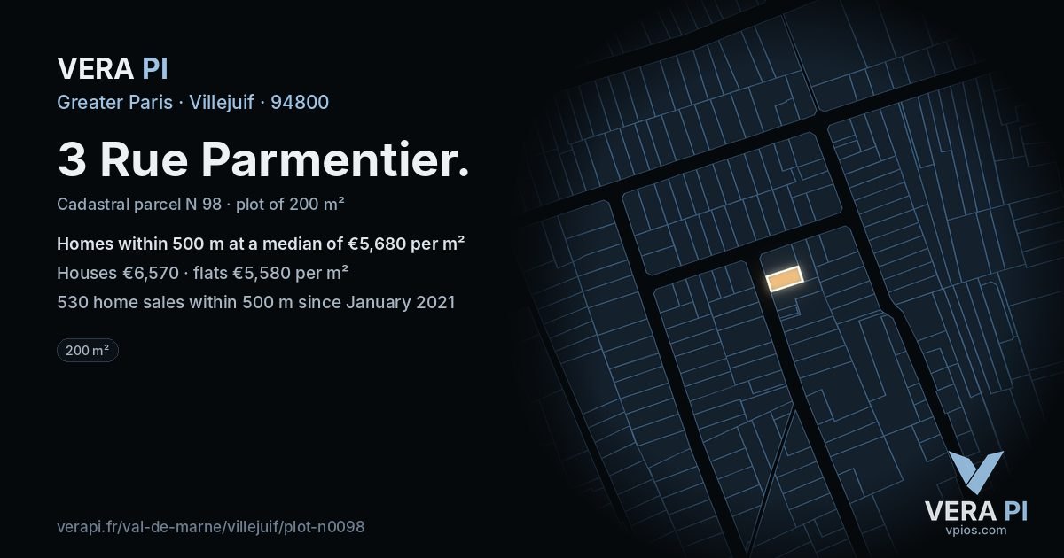 3 Rue Parmentier, Villejuif at night – the plot lit, the parcels around coloured by the prices near them