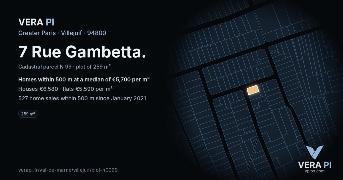 7 Rue Gambetta, Villejuif at night – the plot lit, the parcels around coloured by the prices near them