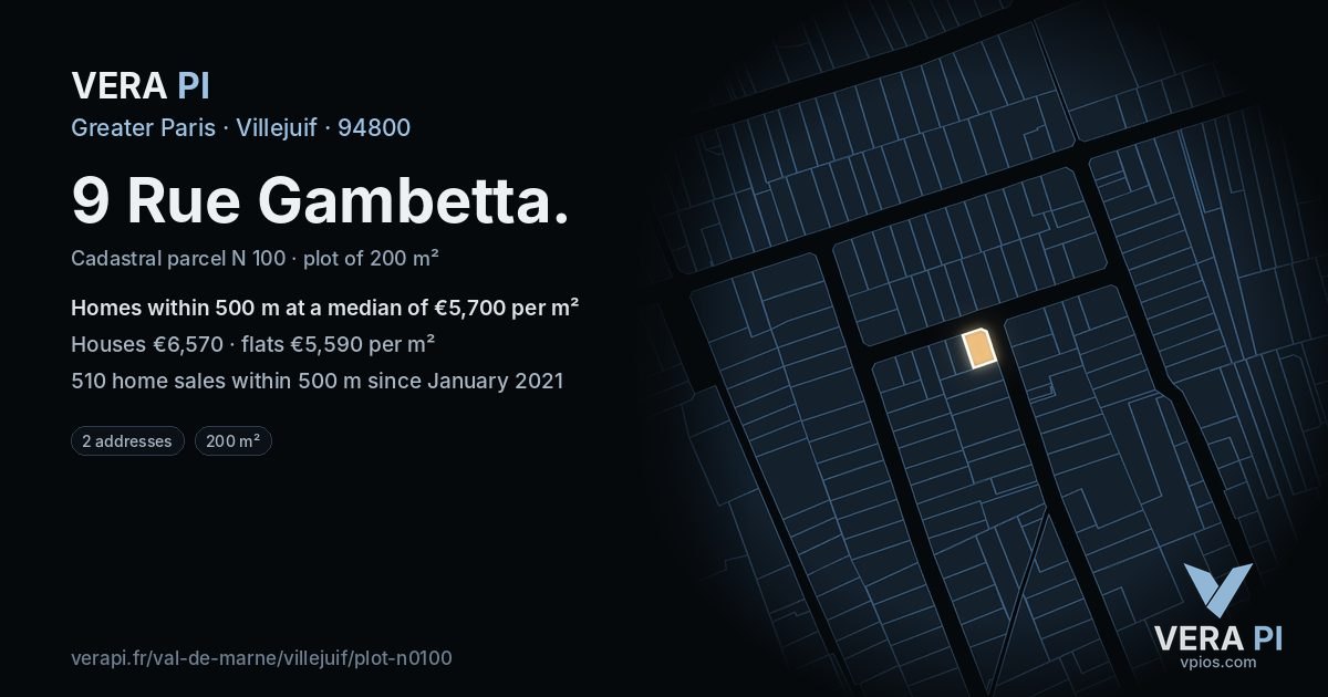 9 Rue Gambetta, Villejuif at night – the plot lit, the parcels around coloured by the prices near them