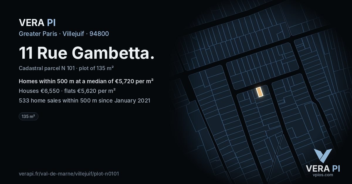 11 Rue Gambetta, Villejuif at night – the plot lit, the parcels around coloured by the prices near them