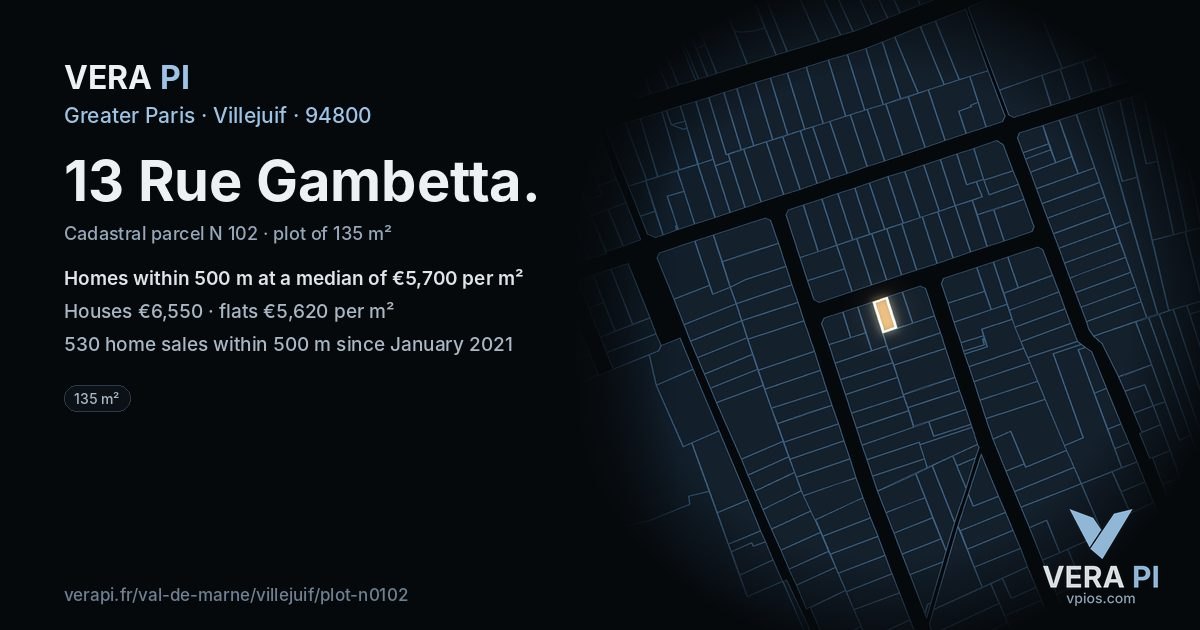 13 Rue Gambetta, Villejuif at night – the plot lit, the parcels around coloured by the prices near them