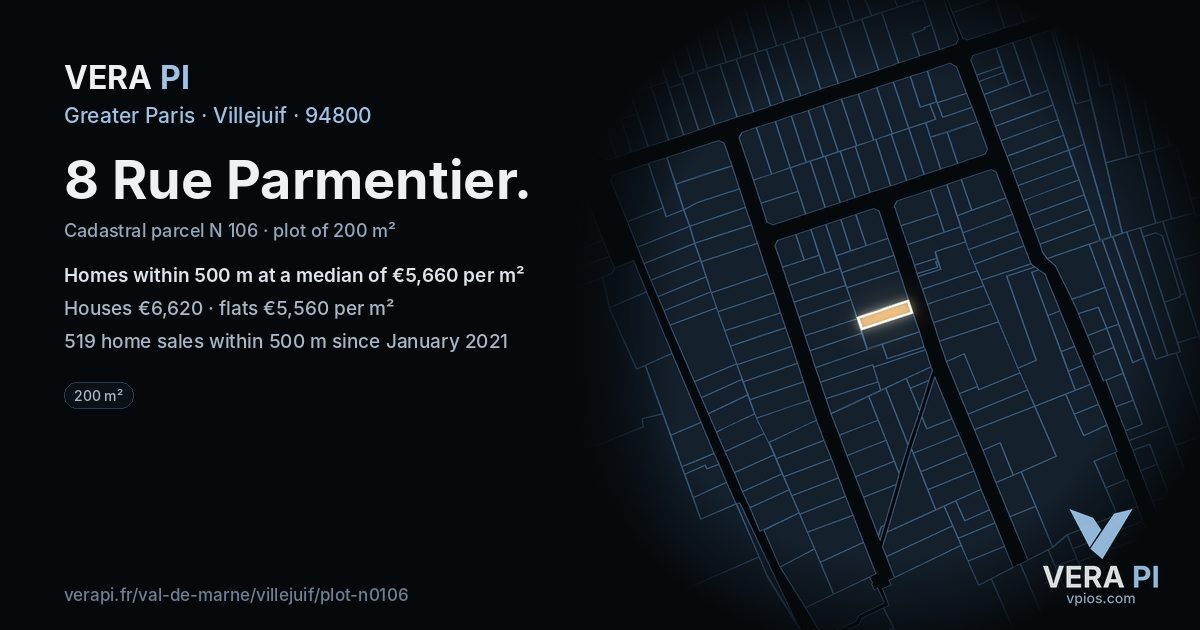 8 Rue Parmentier, Villejuif at night – the plot lit, the parcels around coloured by the prices near them