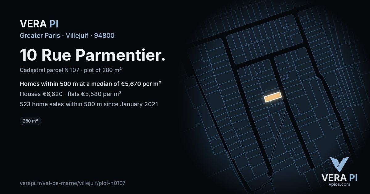 10 Rue Parmentier, Villejuif at night – the plot lit, the parcels around coloured by the prices near them