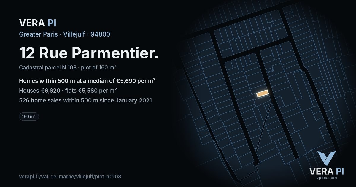 12 Rue Parmentier, Villejuif at night – the plot lit, the parcels around coloured by the prices near them